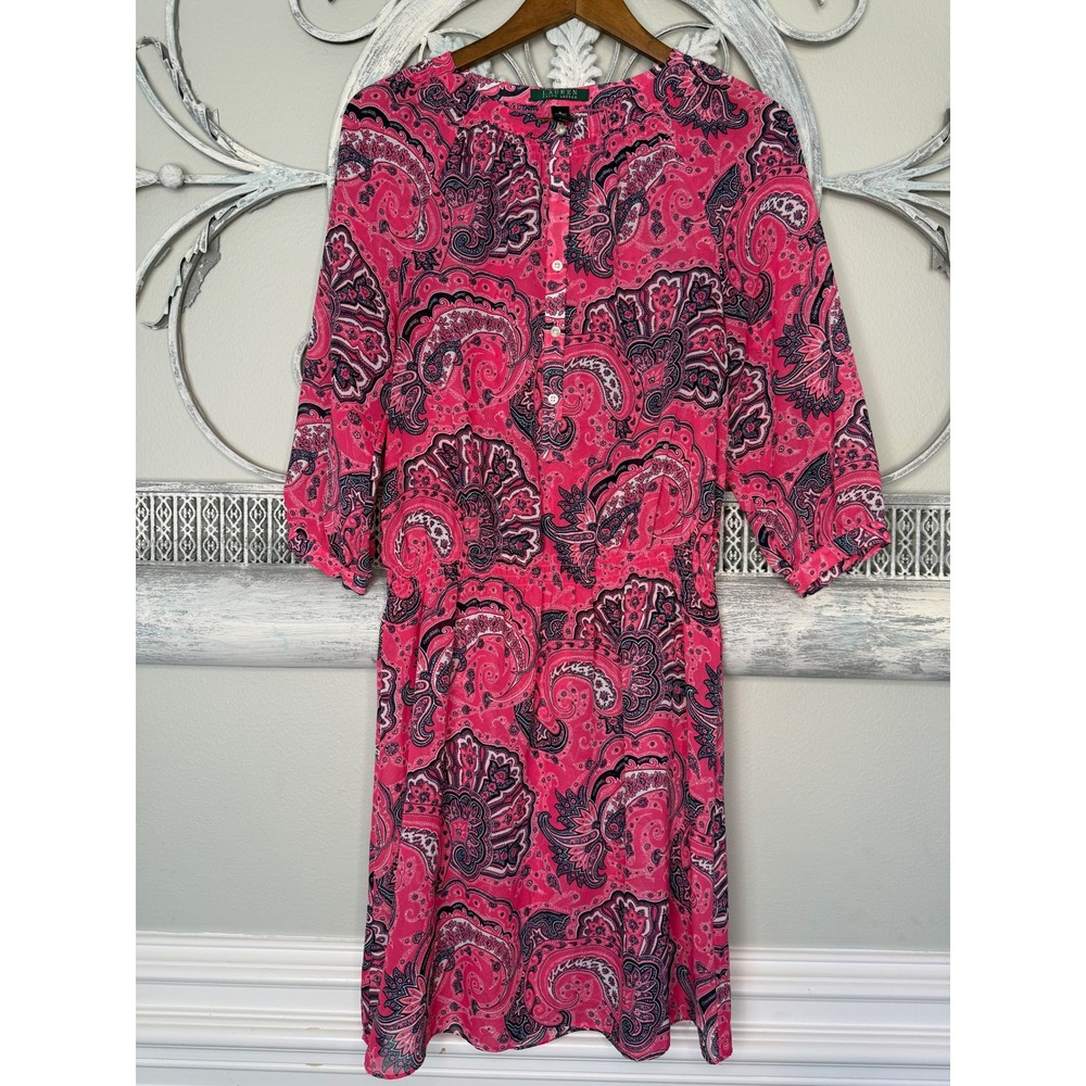 Lauren Ralph Lauren Pink Paisley Henley Elastic Waist Dress Womens Size 6 EUC